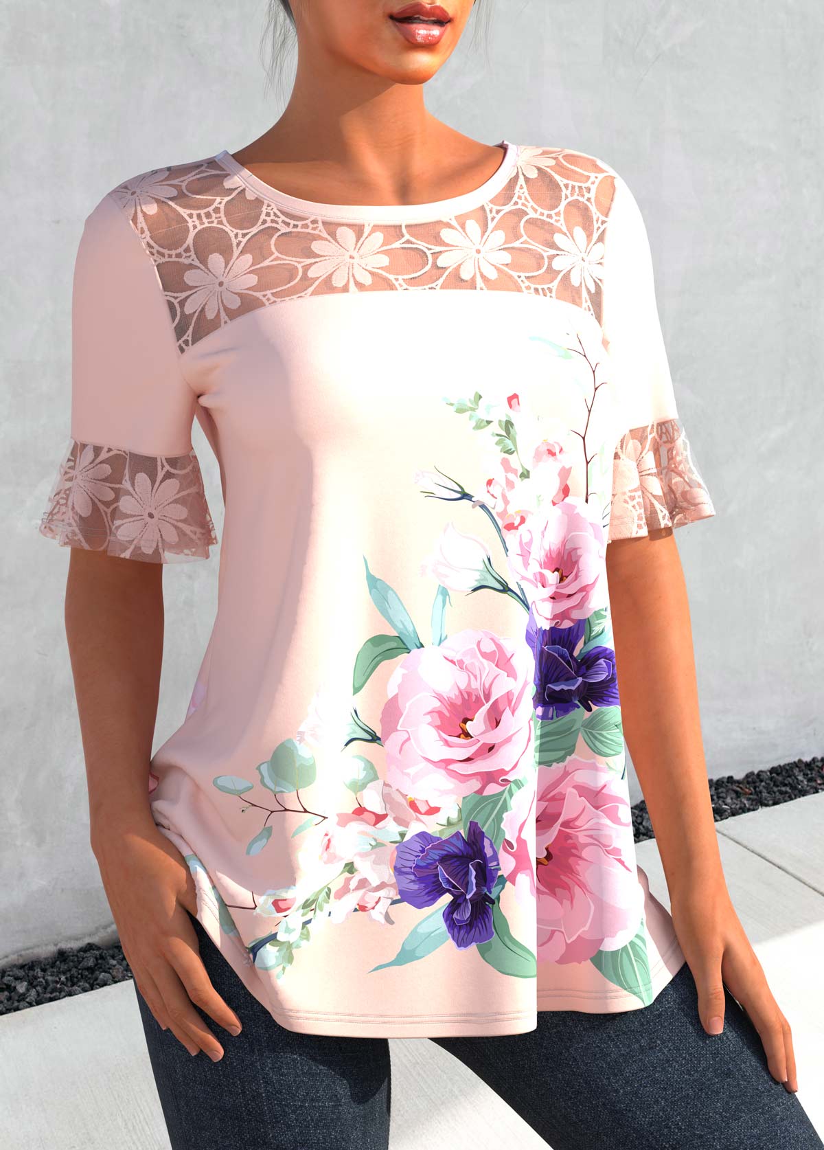 Light Pink tops,Floral tops,ROTITA Floral Print Lace Stitching Light Pink Blouse