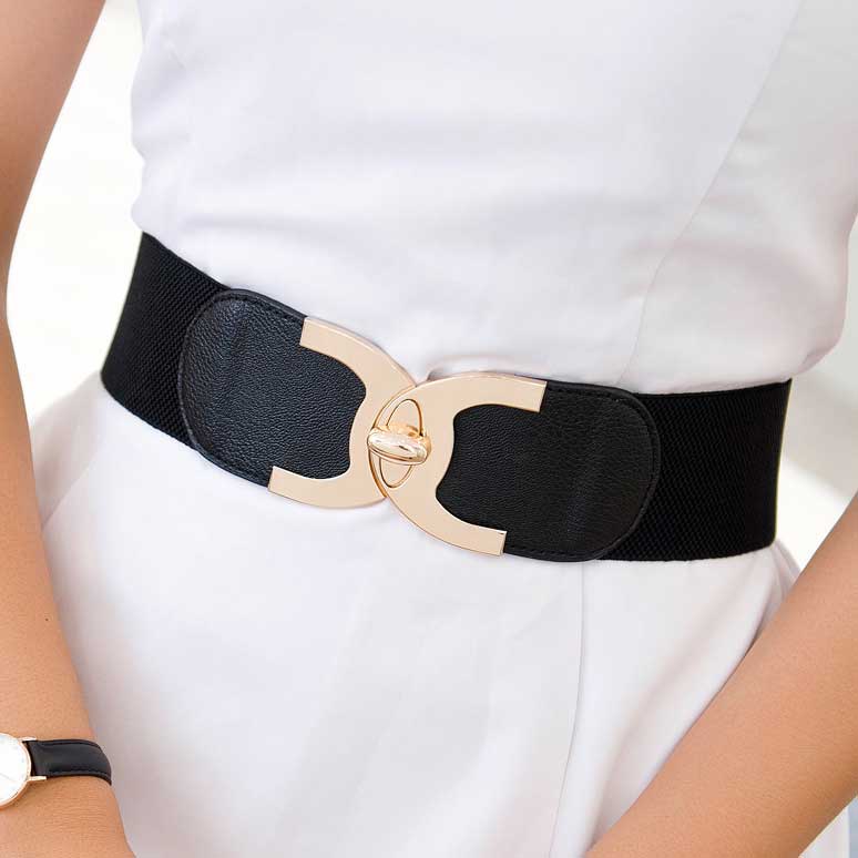 Black Wide Elastic Design Faux Leather Belt