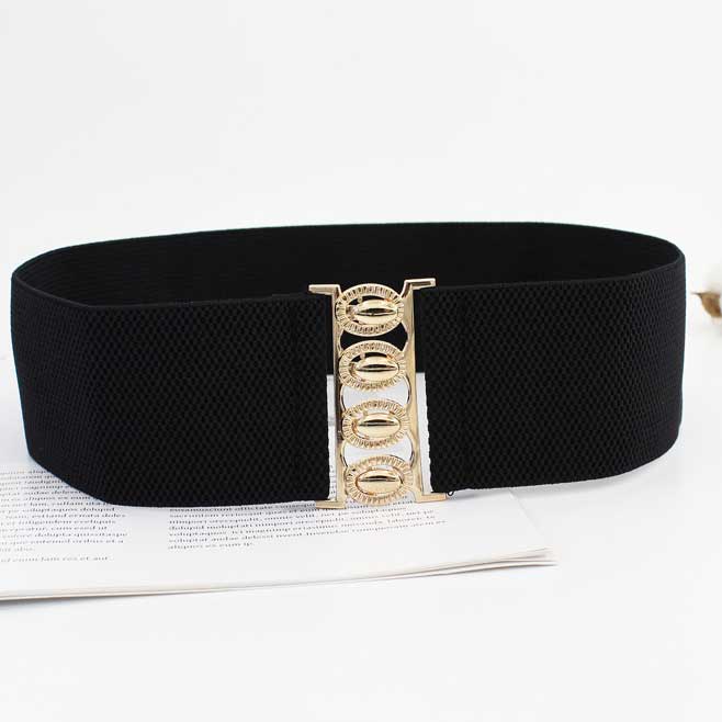 Black Wide Elastic Design Metal Detail Belt