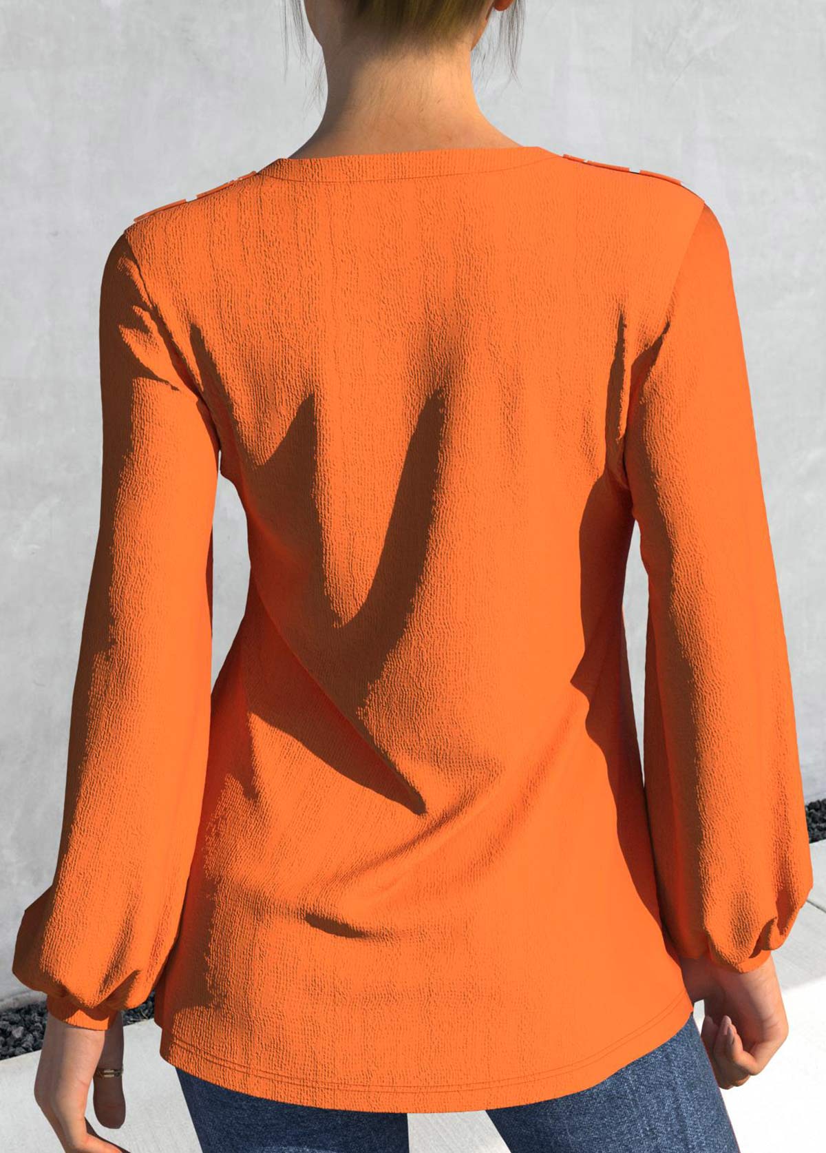 Orange tops,Plain Color tops,ROTITA Orange Split Neck Long Sleeve Blouse