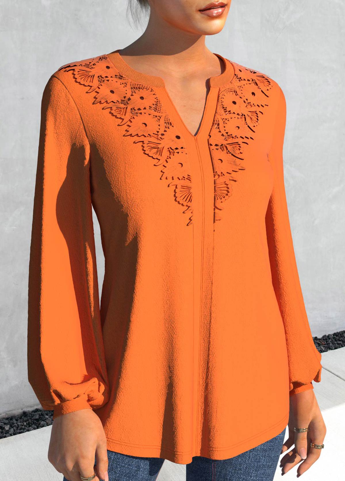Orange tops,Plain Color tops,ROTITA Orange Split Neck Long Sleeve Blouse