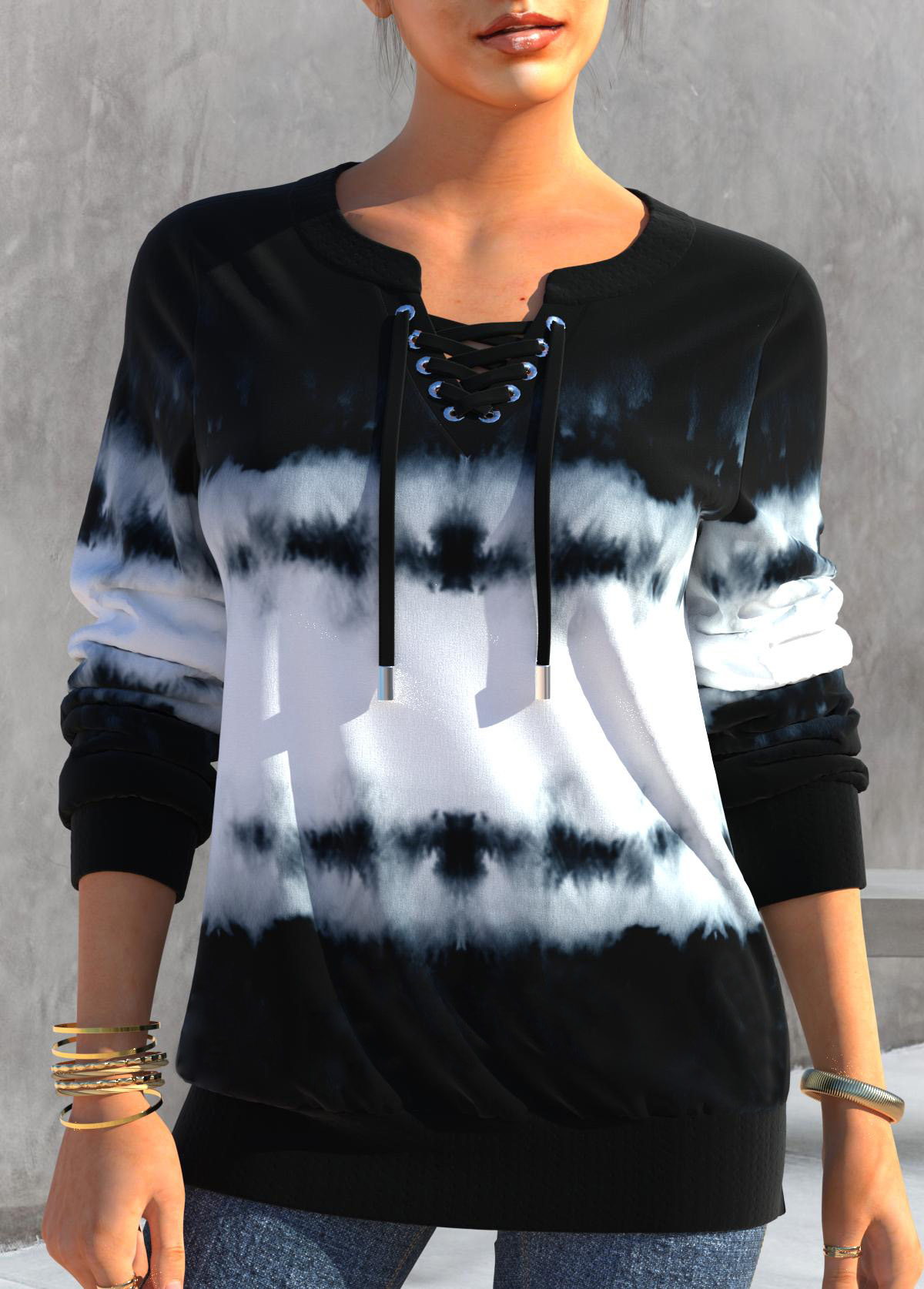 ROTITA Black Split Neck Tie Dye Print Sweatshirt
