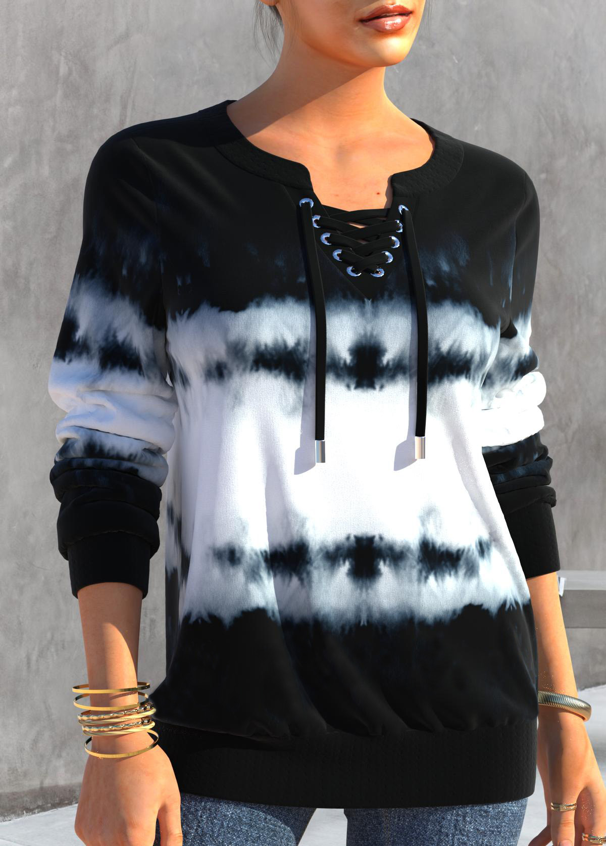 Black plus size,Tie Dye plus size,ROTITA Plus Size Black Tie Dye Print Sweatshirt