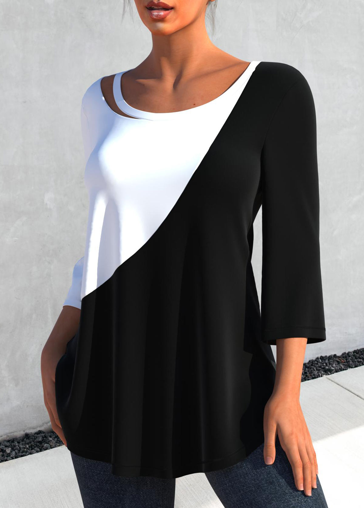 Black tops,Contrast Color tops,ROTITA Contrast 3/4 Sleeve Round Neck Black T Shirt