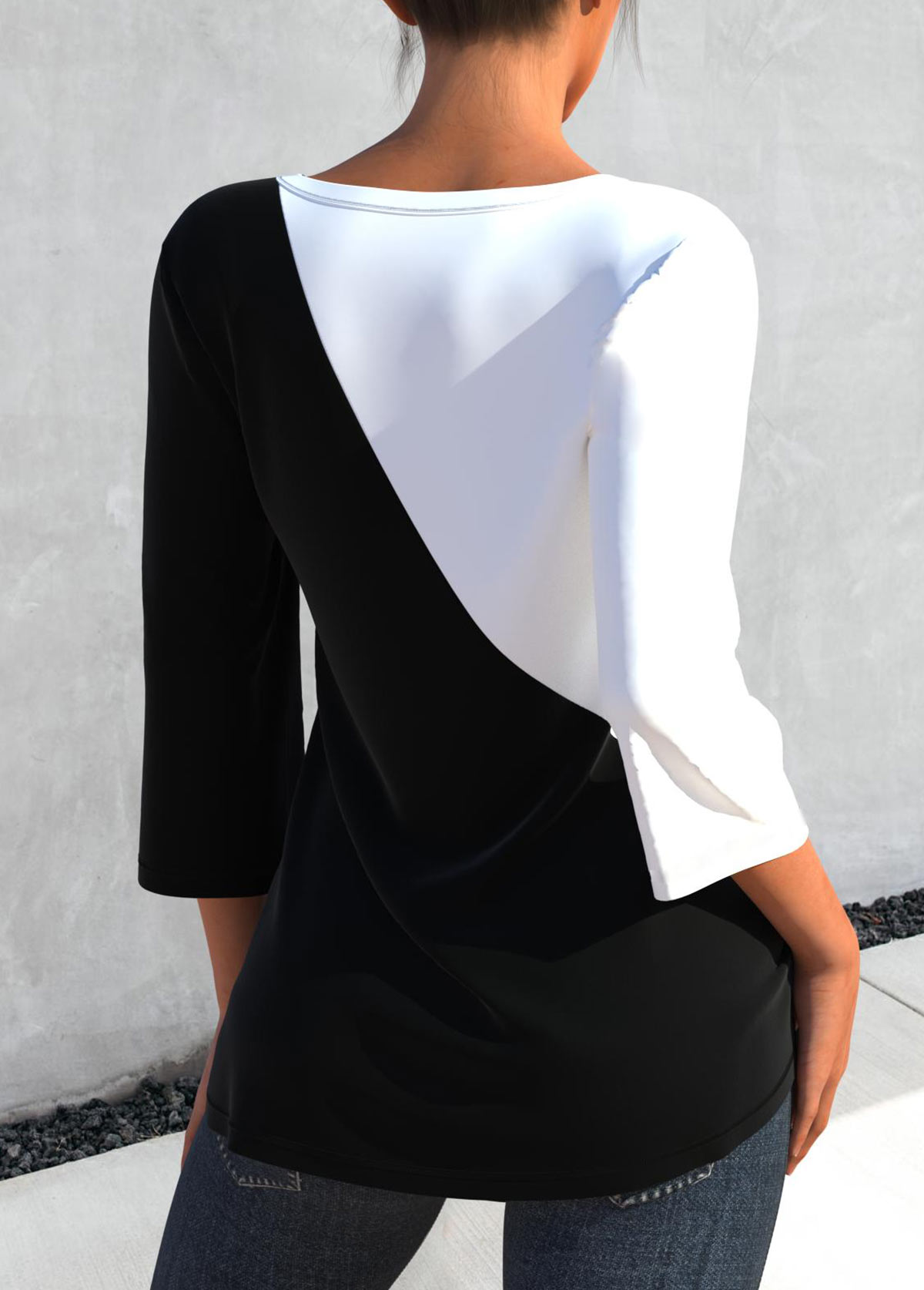 Black tops,Contrast Color tops,ROTITA Contrast 3/4 Sleeve Round Neck Black T Shirt