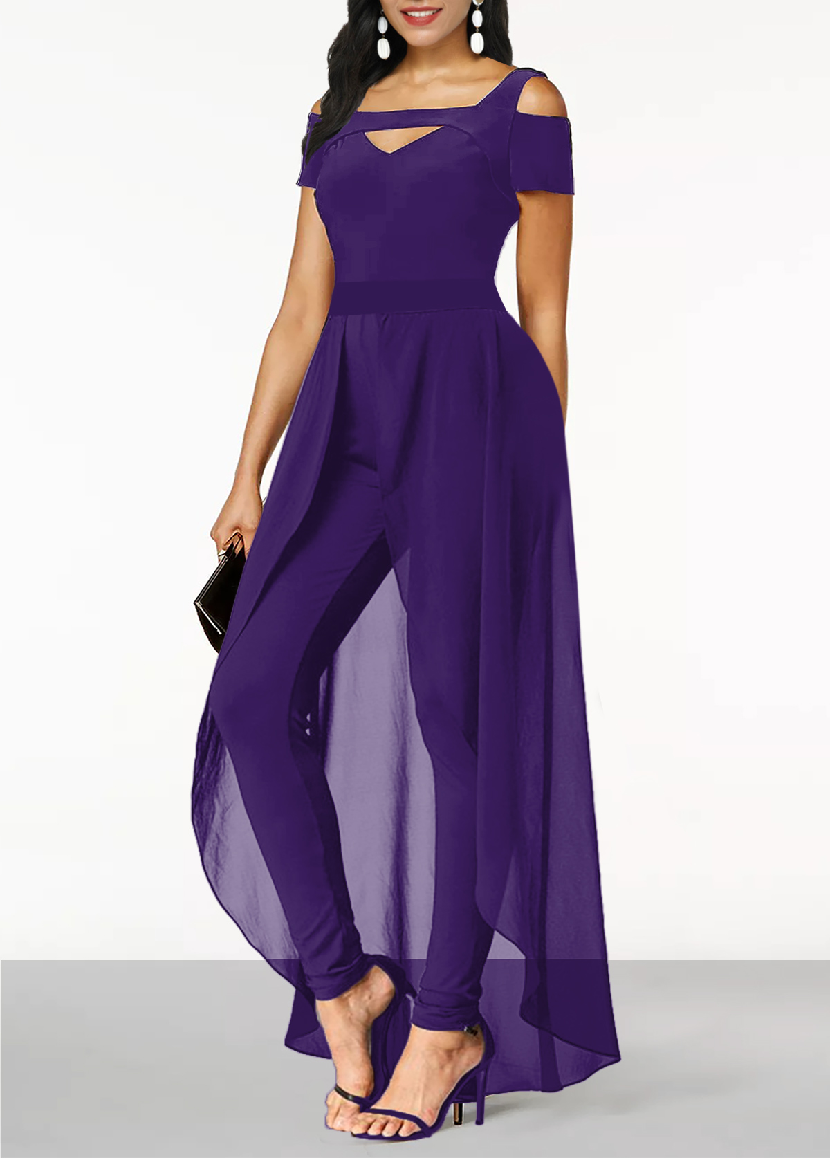 Purple jumpsuits & rompers,Plain Color jumpsuits & rompers,ROTITA Cold Shoulder Purple Short Sleeve Jumpsuit