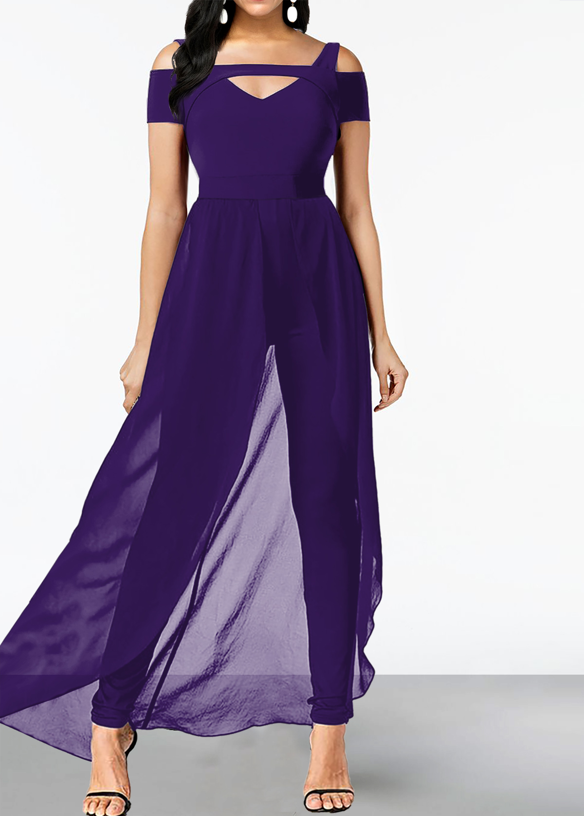 Purple jumpsuits & rompers,Plain Color jumpsuits & rompers,ROTITA Cold Shoulder Purple Short Sleeve Jumpsuit