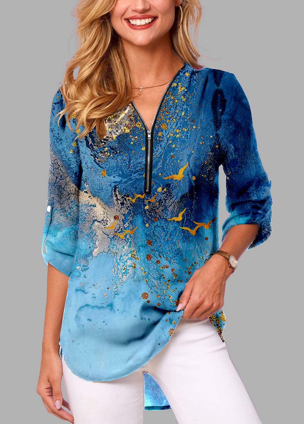 Blue tops,Ombre tops,ROTITA Blue Quarter Zip Scape Print Blouse