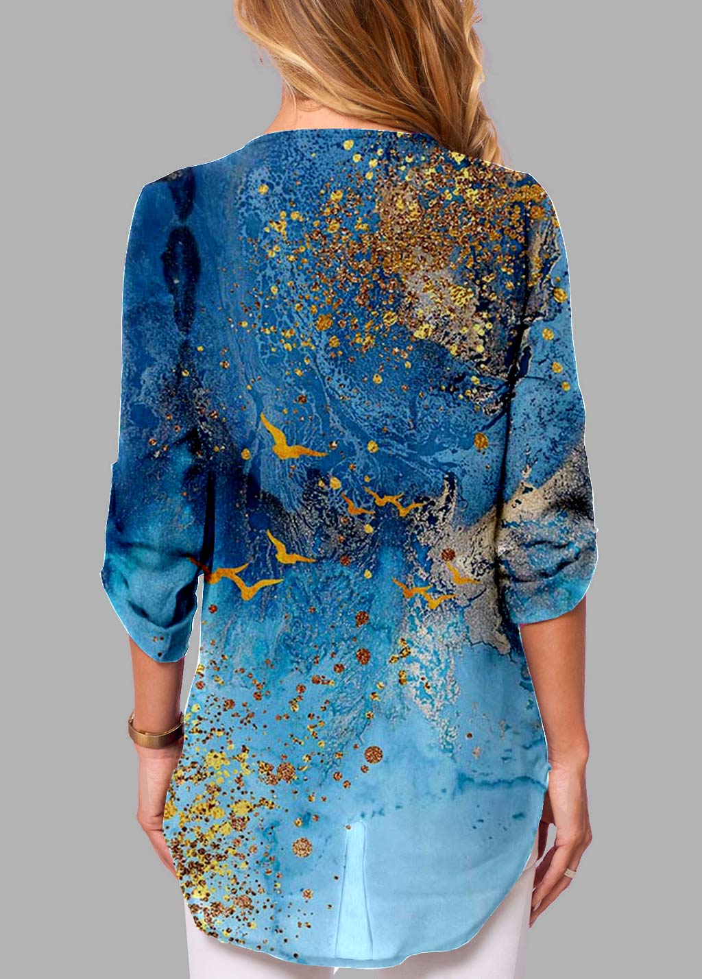 Blue tops,Ombre tops,ROTITA Blue Quarter Zip Scape Print Blouse