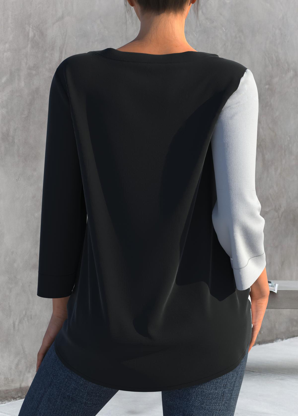 Black tops,Contrast Color tops,ROTITA Decorative Button Black Split Neck Blouse