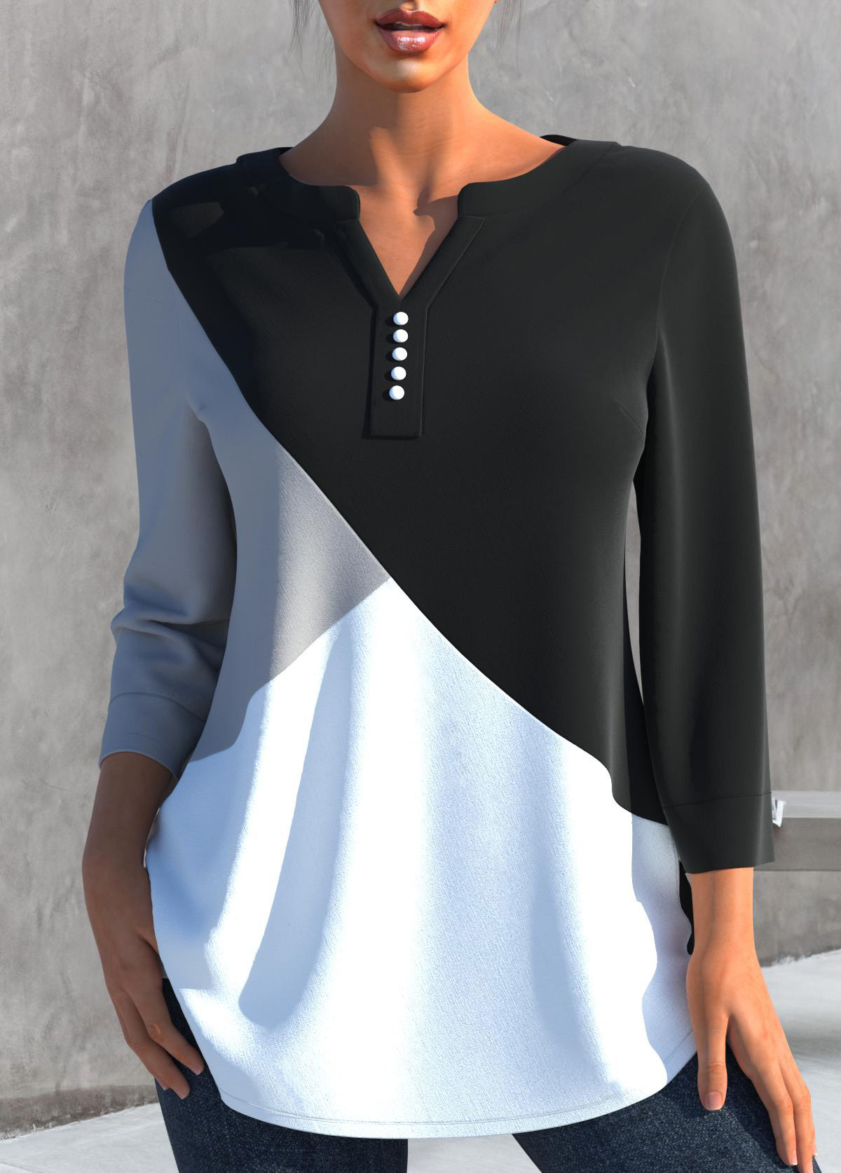 Black tops,Contrast Color tops,ROTITA Decorative Button Black Split Neck Blouse