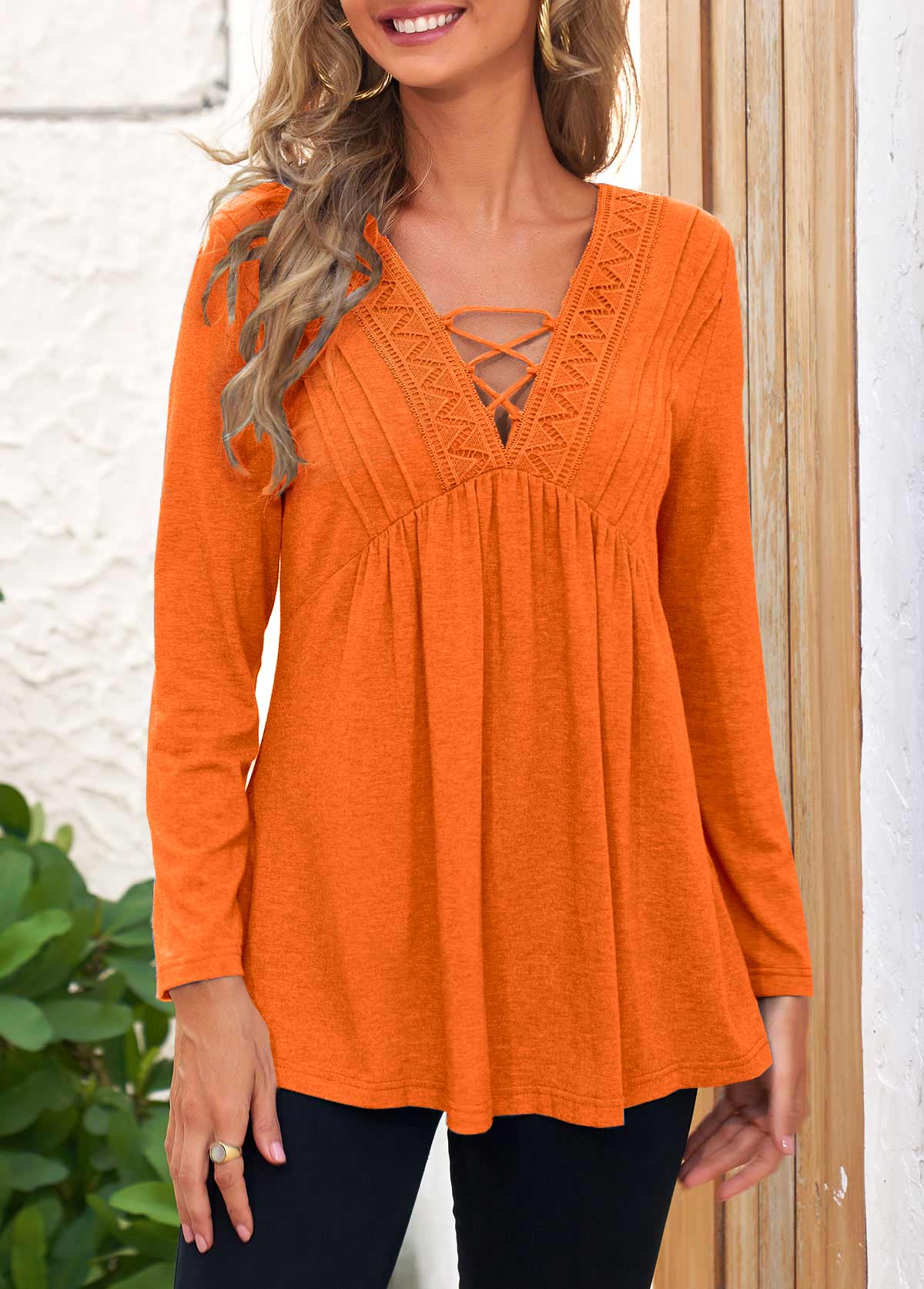 ROTITA Long Sleeve Lace Stitching Orange T Shirt