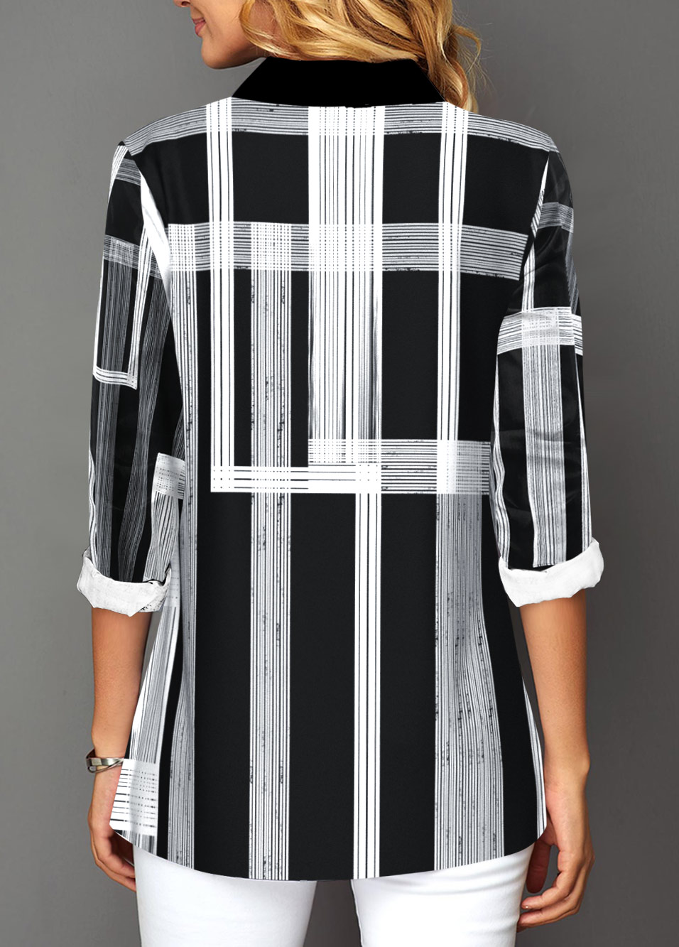 Black tops,Geometric tops,ROTITA Button Up Black Turndown Collar Geometric Print Blouse