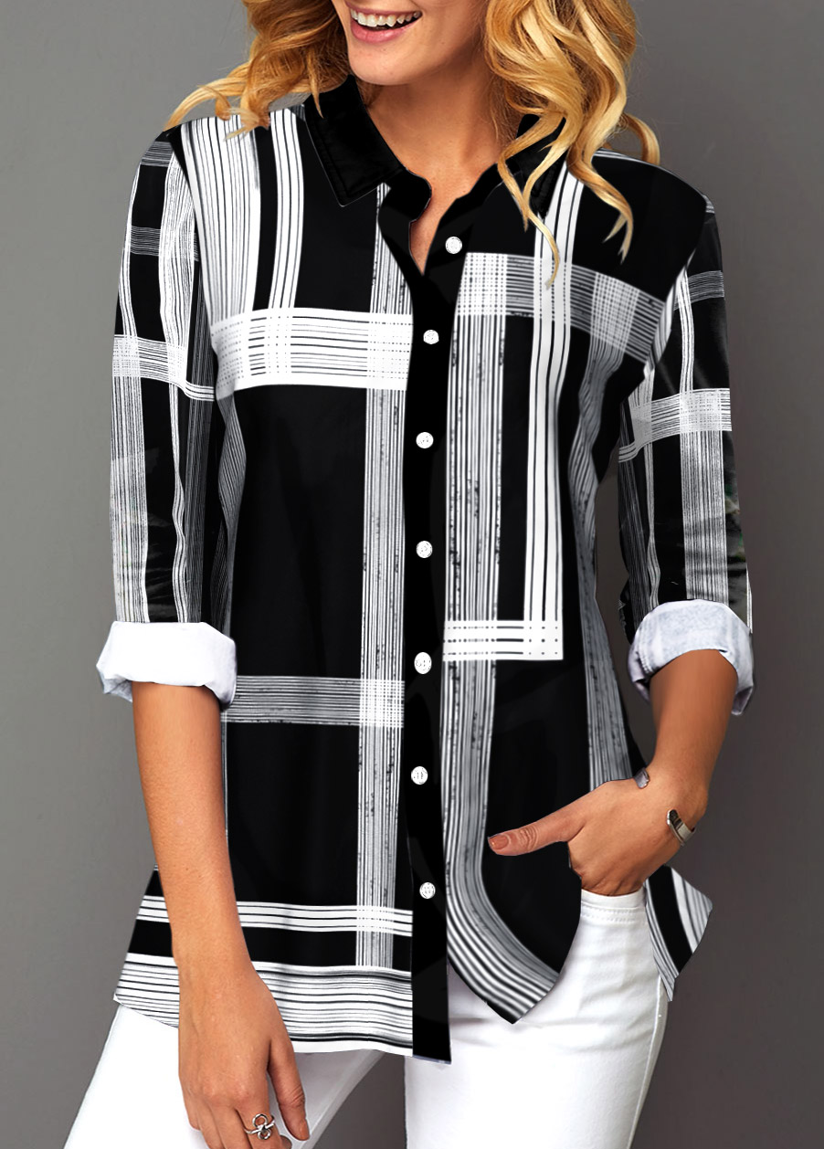 Black tops,Geometric tops,ROTITA Button Up Black Turndown Collar Geometric Print Blouse