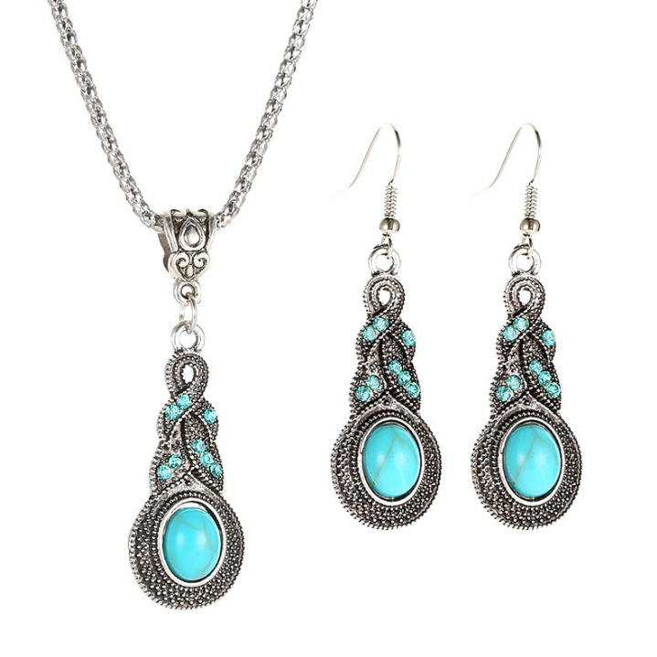 Tribal Design Metal Detail Turquoise Earrings and Necklace