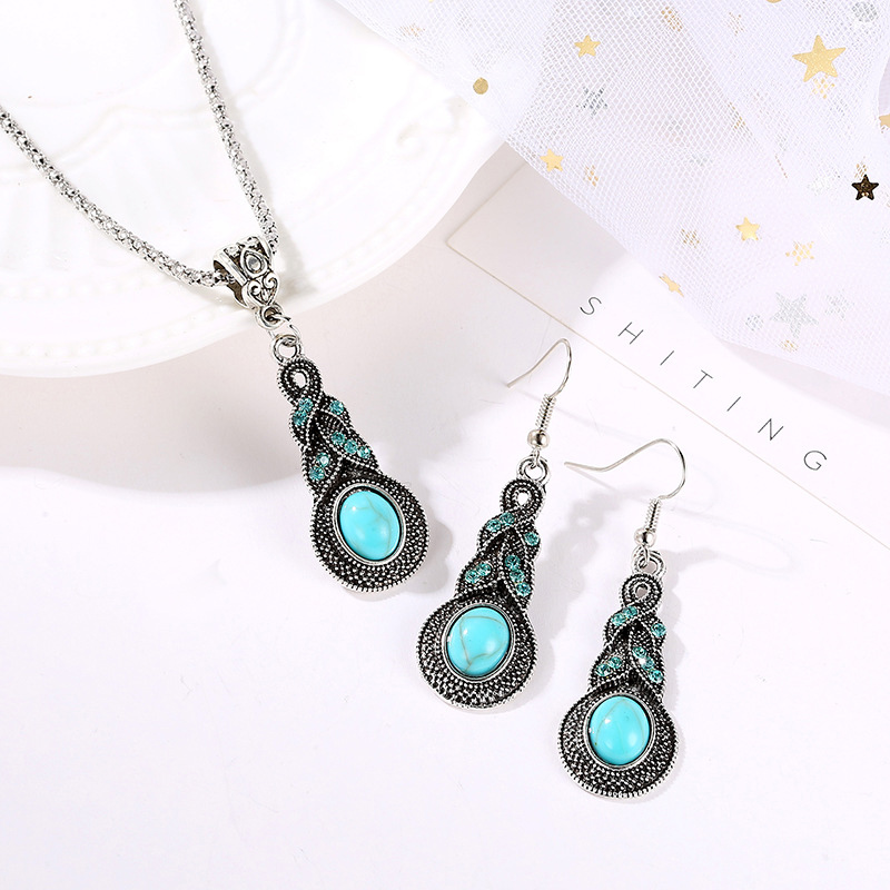 Turquoise jewelry,Tribal Design Metal Detail Turquoise Earrings and Necklace