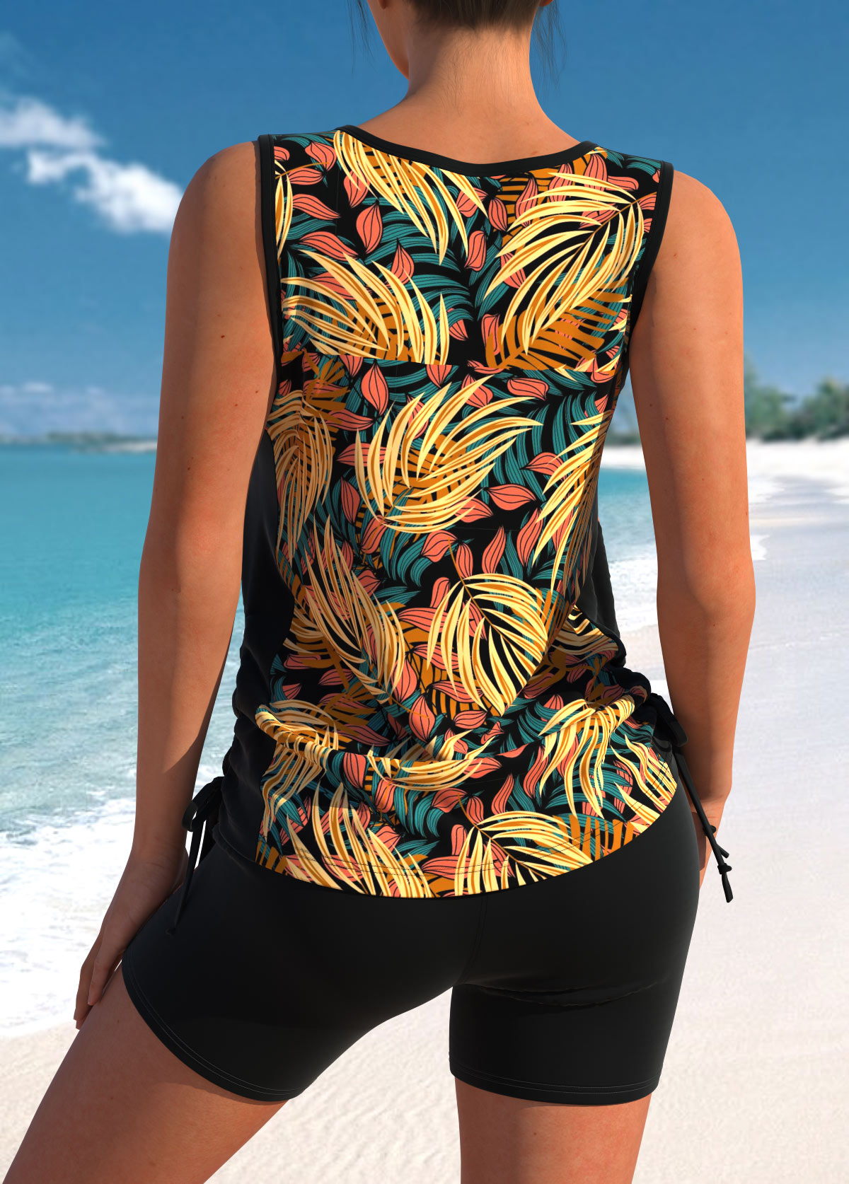 Black swimwear,Plants swimwear,ROTITA Black Leaf Print Cross Strap Tankini Set