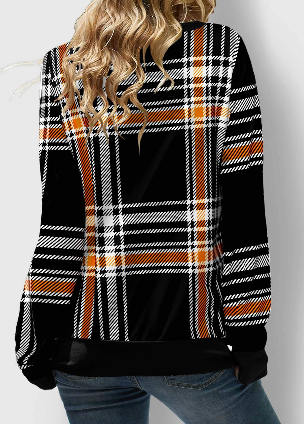 Black tops,Plaid tops,ROTITA Lace Up Plaid Black Halloween Design Sweatshirt