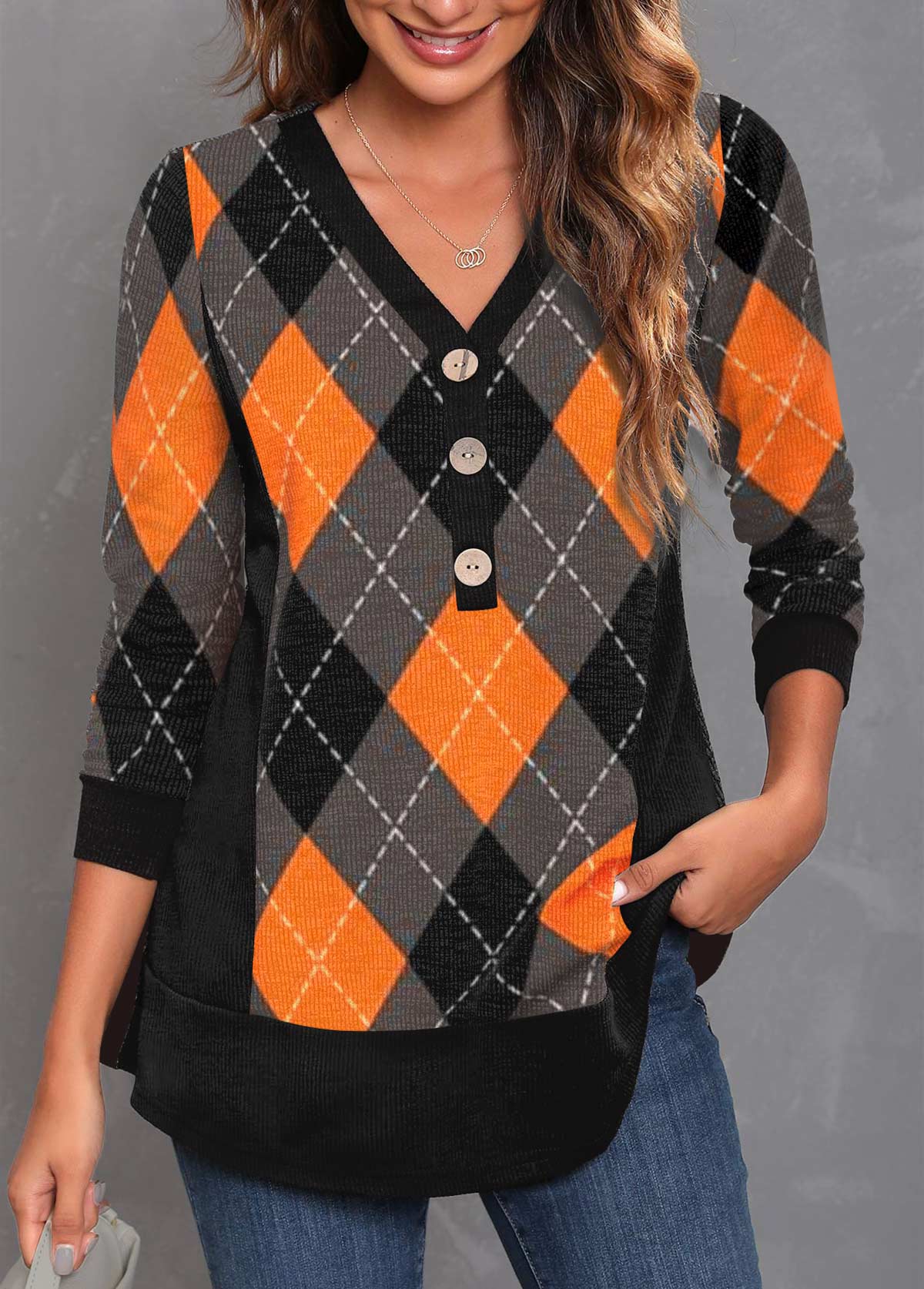 ROTITA Black Plaid Decorative Button Halloween V Neck T Shirt