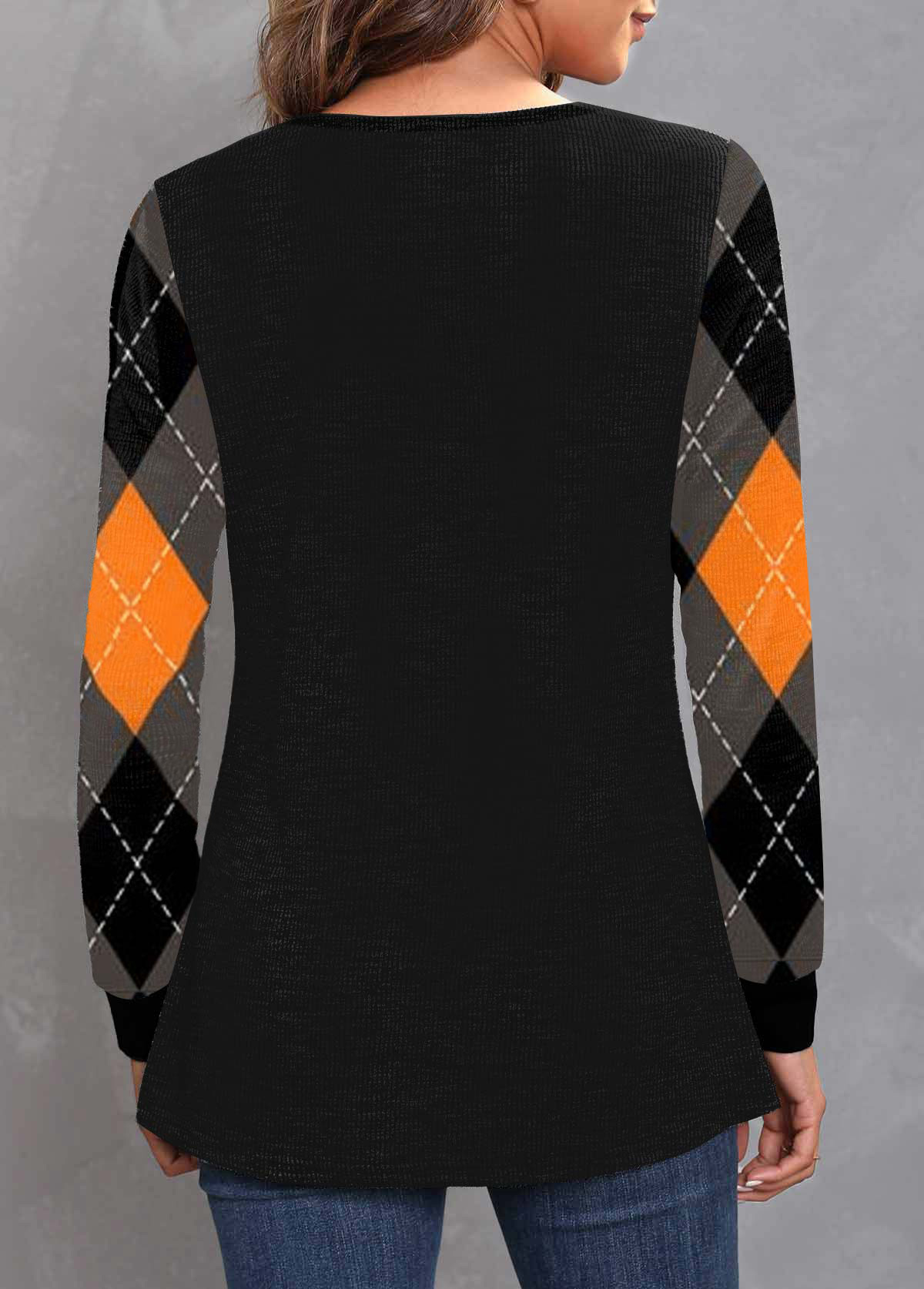 Black tops,Plaid tops,ROTITA Black Plaid Decorative Button Halloween V Neck T Shirt