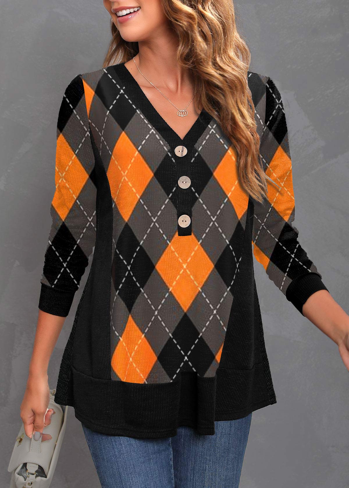 Black tops,Plaid tops,ROTITA Black Plaid Decorative Button Halloween V Neck T Shirt