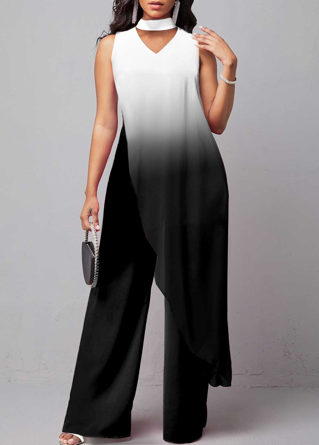 ROTITA Ombre White Stand Collar Sleeveless Jumpsuit