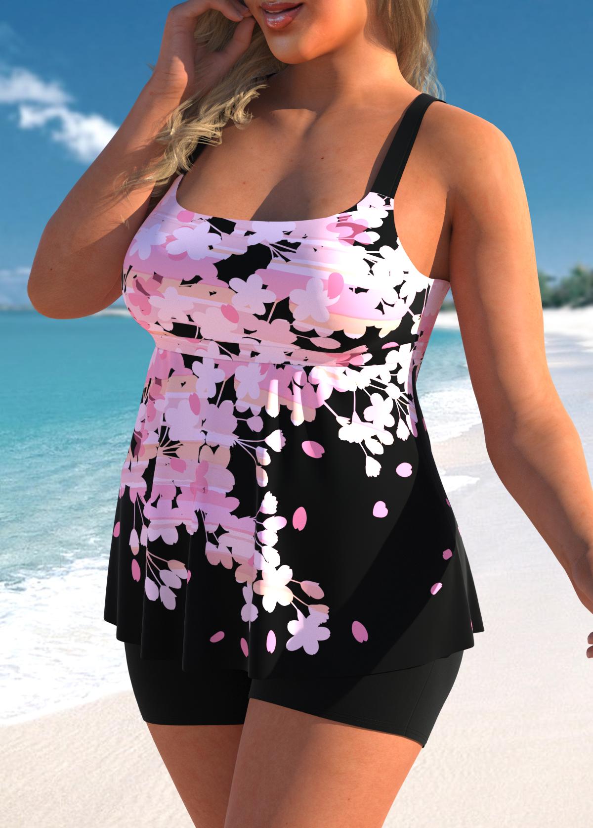 Pink swimwear,Floral swimwear,ROTITA Floral Print Wide Strap Pink Tankini Top
