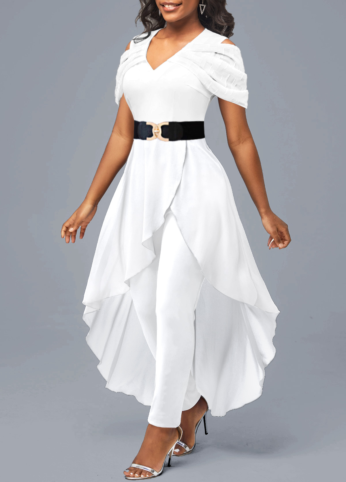 White jumpsuits & rompers,Plain Color jumpsuits & rompers,ROTITA Cold Shoulder V Neck White Jumpsuit