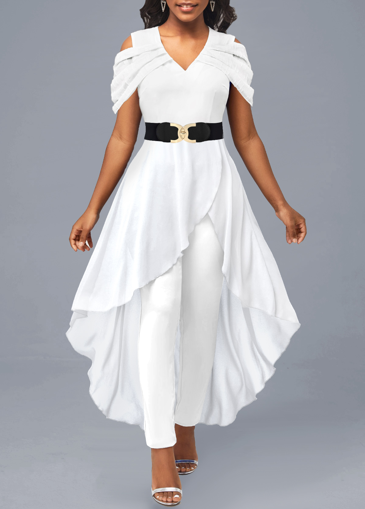 White jumpsuits & rompers,Plain Color jumpsuits & rompers,ROTITA Cold Shoulder V Neck White Jumpsuit