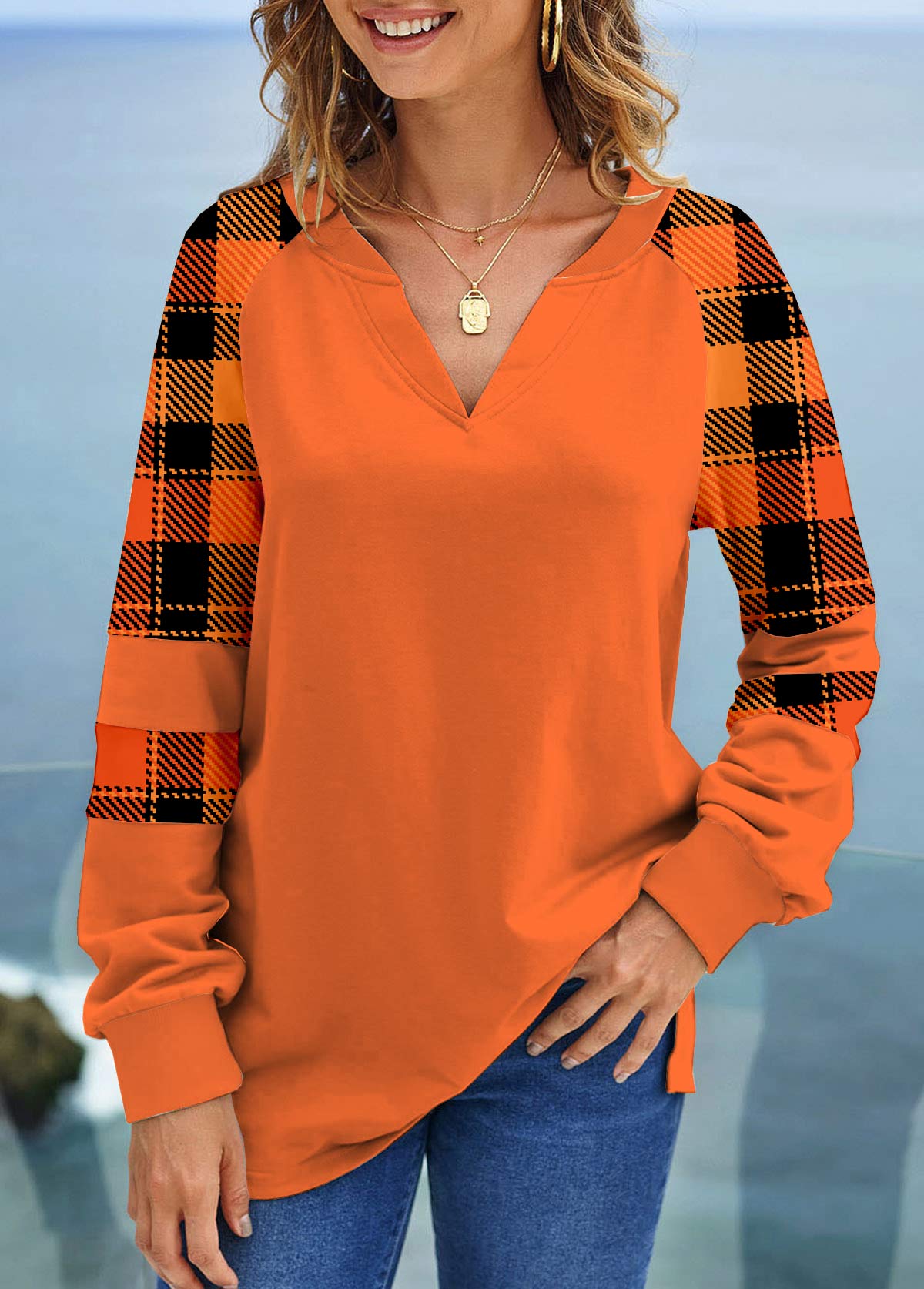 ROTITA Tartan Print Orange Long Sleeve Halloween Sweatshirt