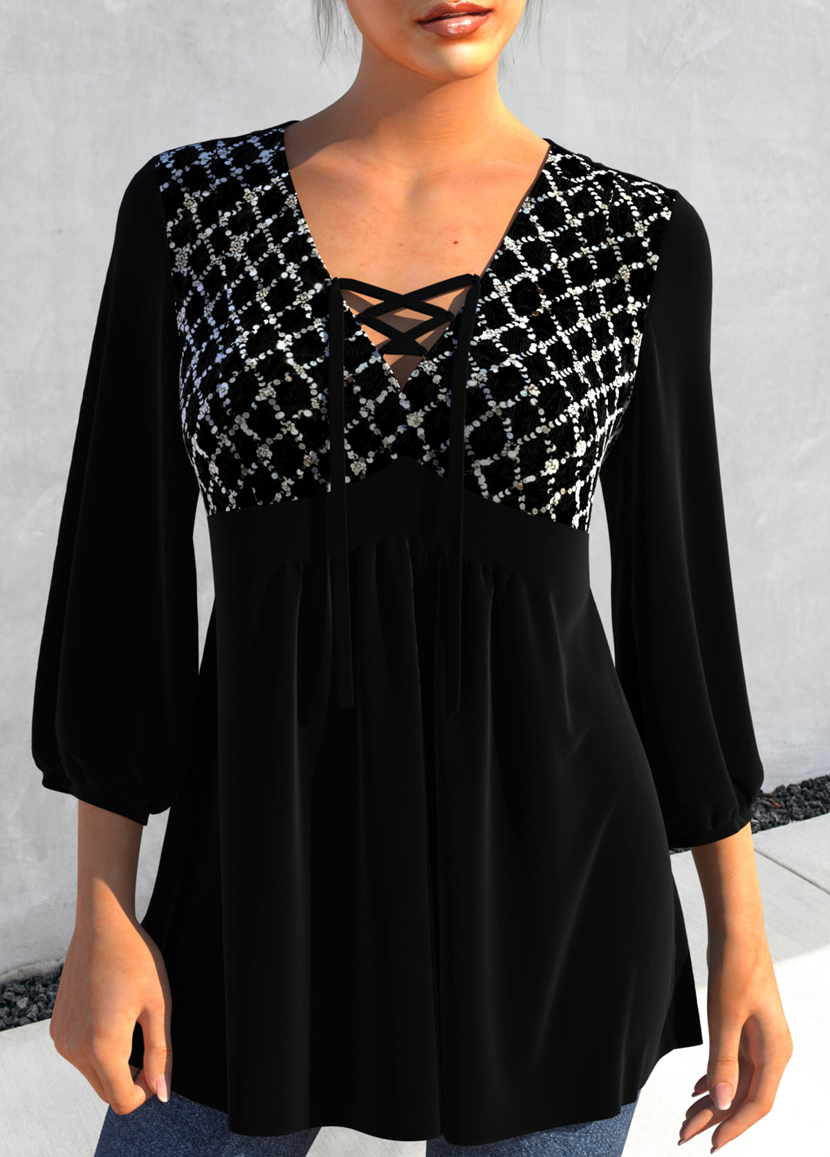 ROTITA Sequin 3/4 Sleeve Black V Neck Blouse