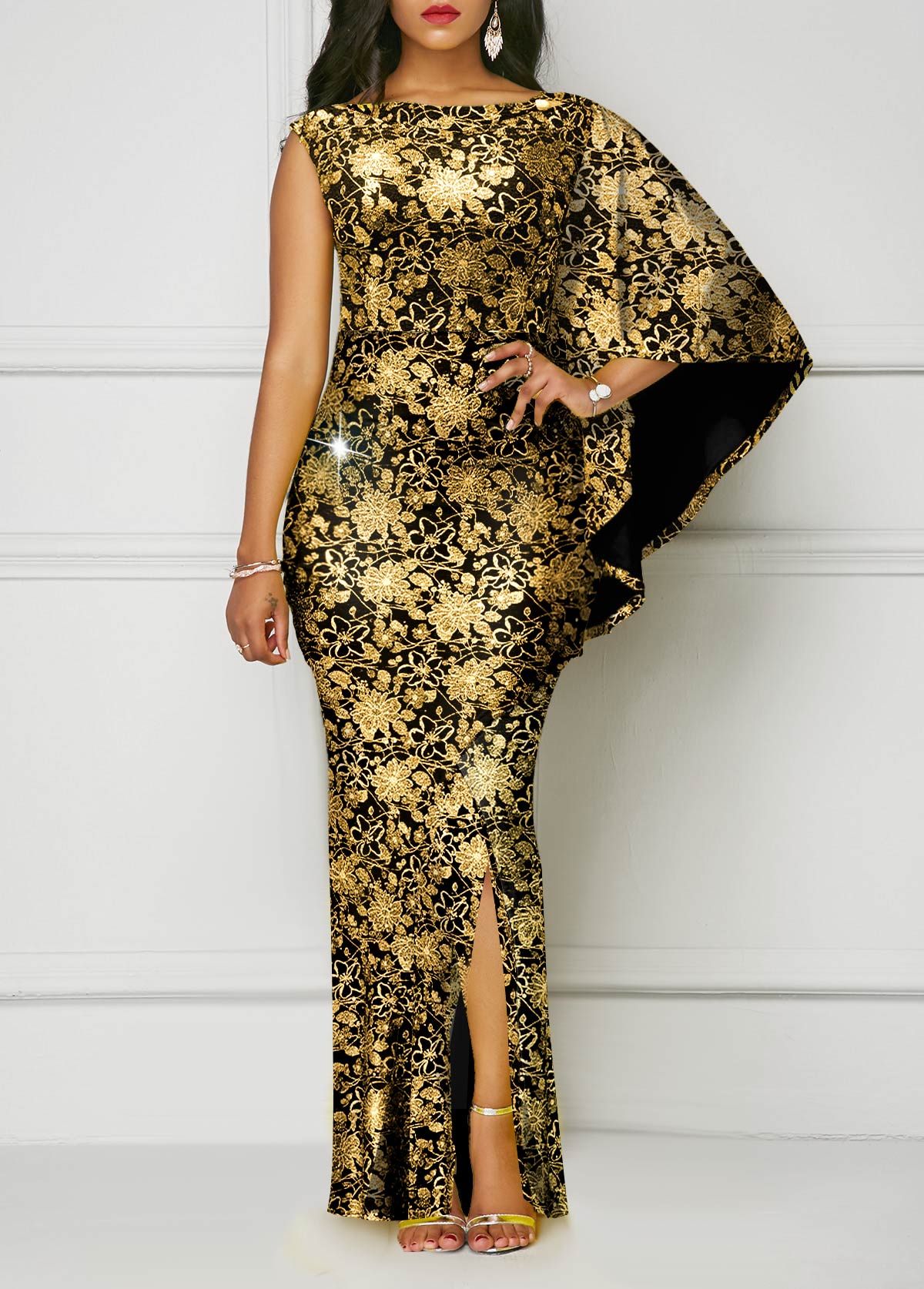 ROTITA Hot Stamping Floral Print Golden Side Slit Dress