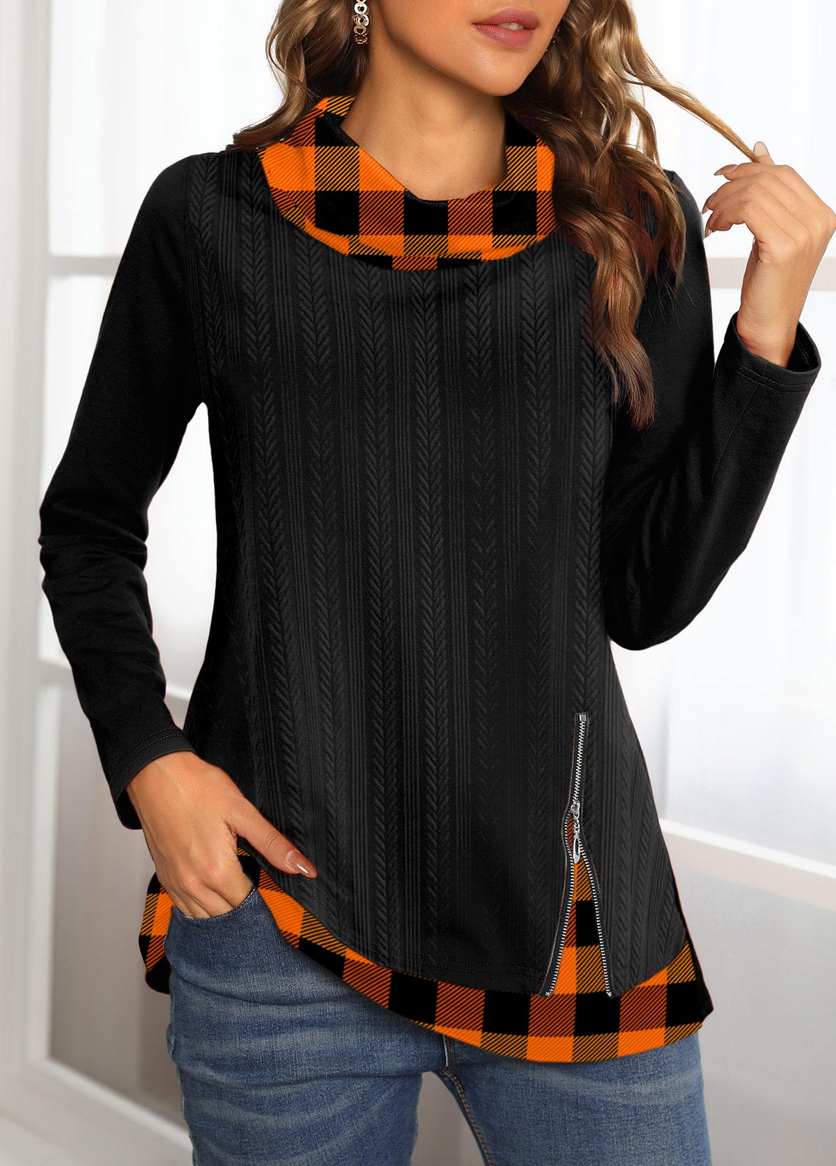 Black plus size,Geometric plus size,ROTITA Plus Size Black Geometric Print Cowl Neck Sweatshirt