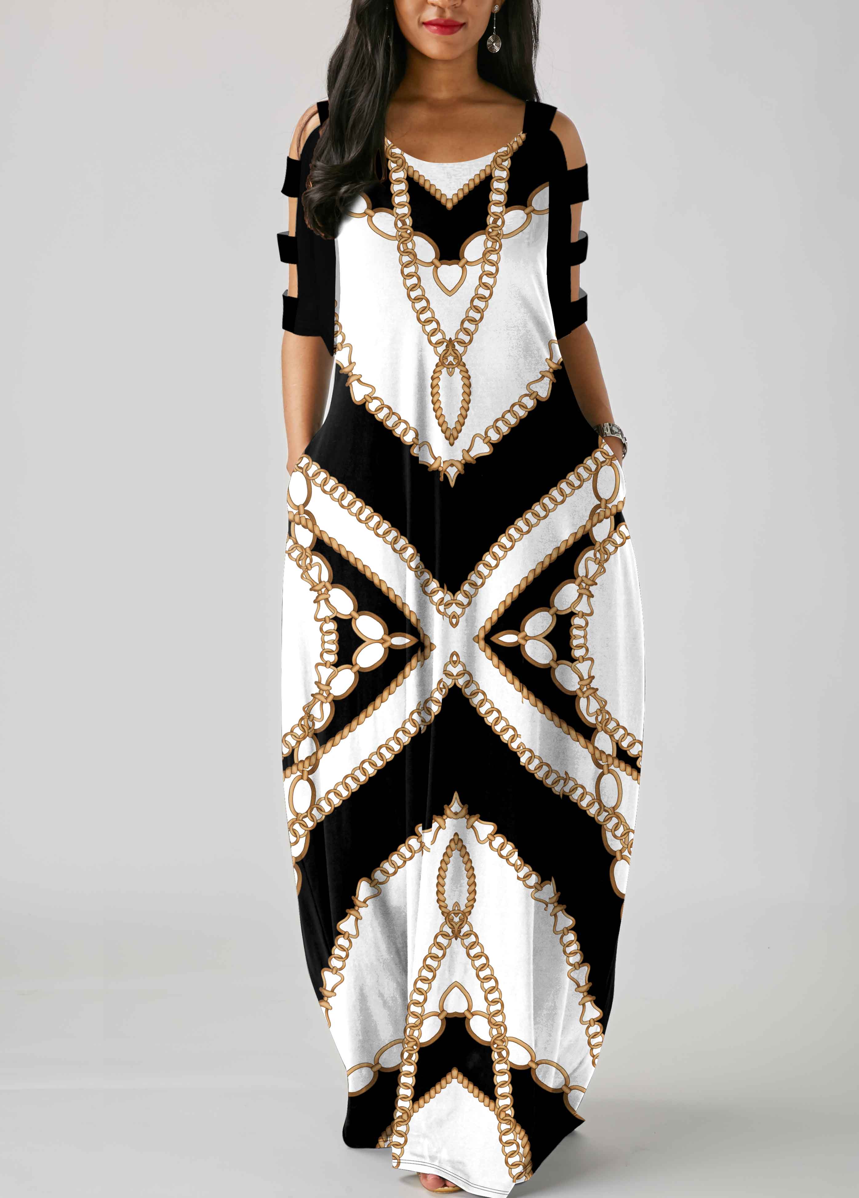 ROTITA Ladder Cutout Tribal Print White Maxi Dress