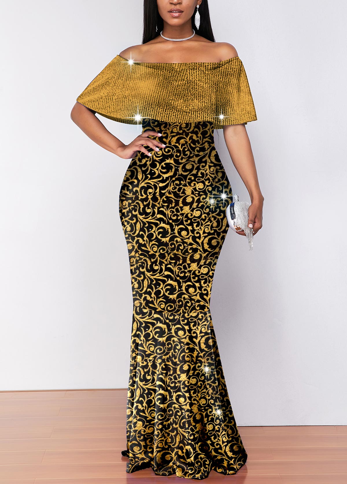 ROTITA Hot Stamping Off Shoulder Golden Maxi Dress