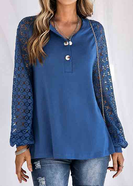 Navy tops,Plain Color tops,Lace Navy Round Neck Long Sleeve T Shirt