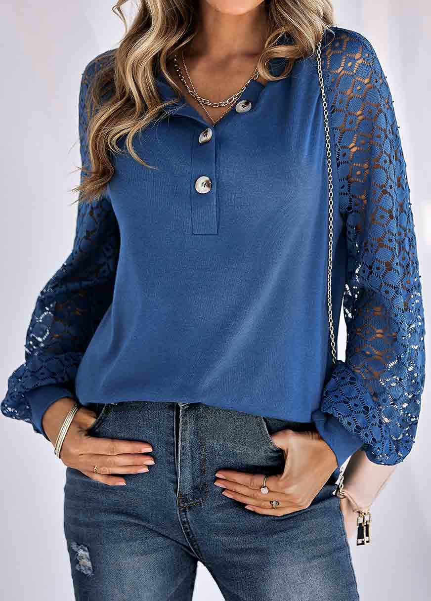 Navy tops,Plain Color tops,Lace Navy Round Neck Long Sleeve T Shirt