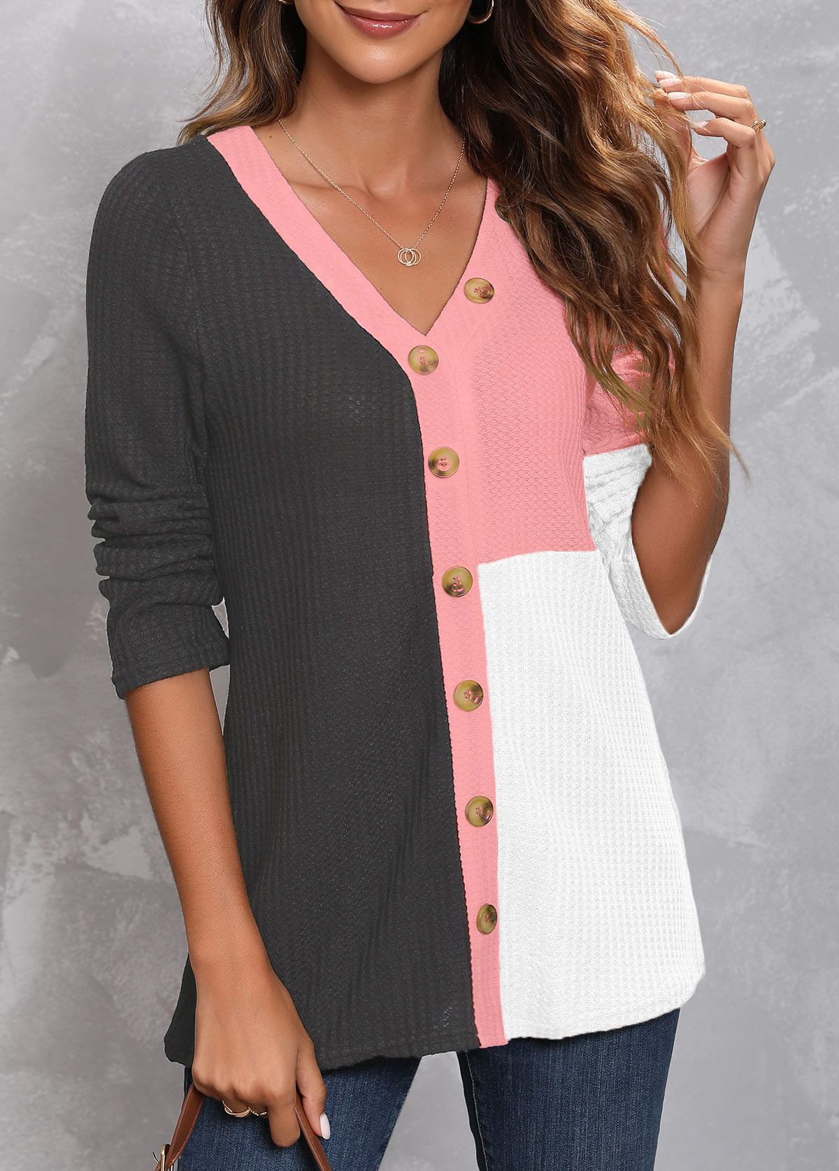 Dark Grey tops,Contrast Color tops,ROTITA Decorative Button Dark Grey V Neck T Shirt