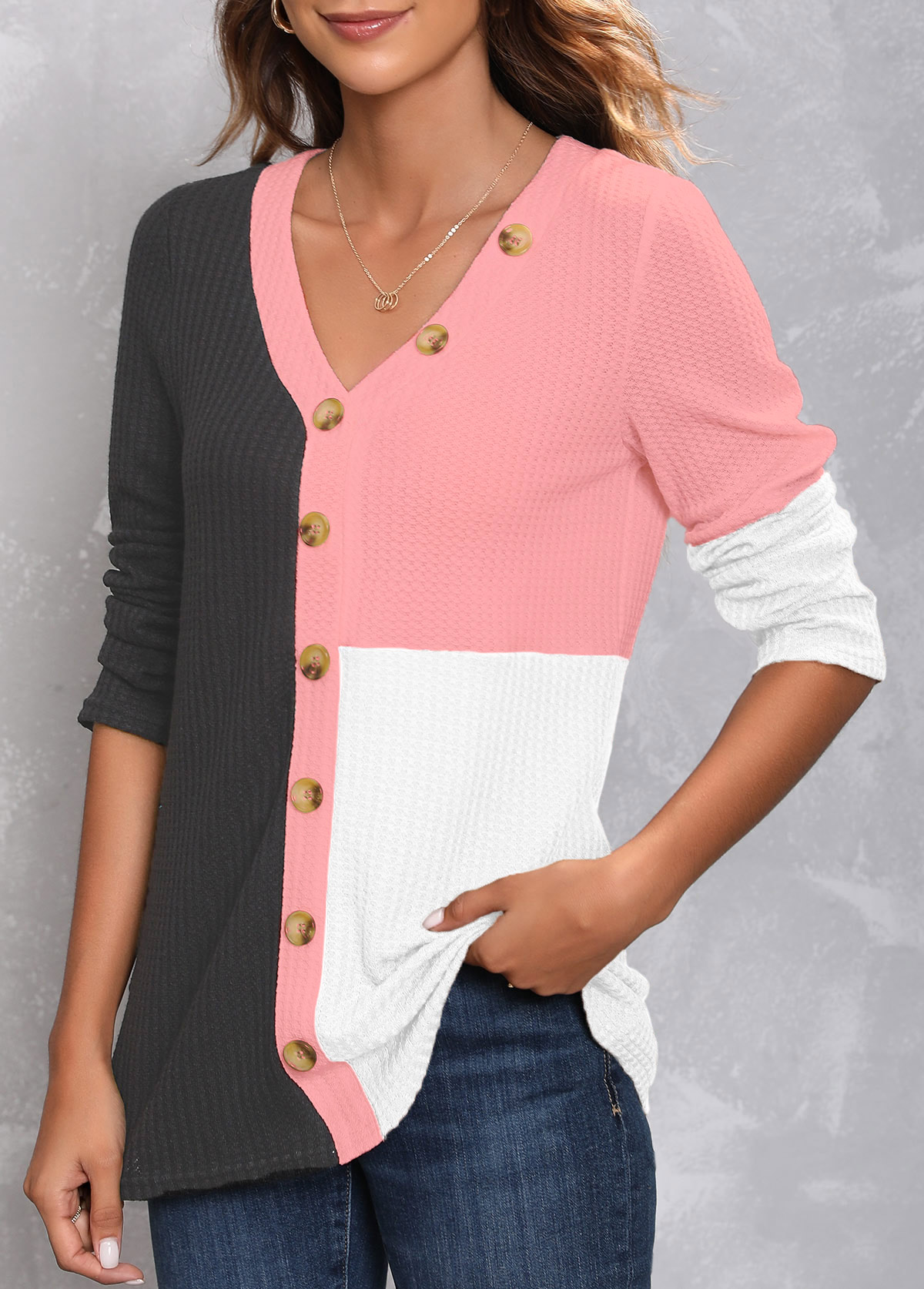 Dark Grey tops,Contrast Color tops,ROTITA Decorative Button Dark Grey V Neck T Shirt