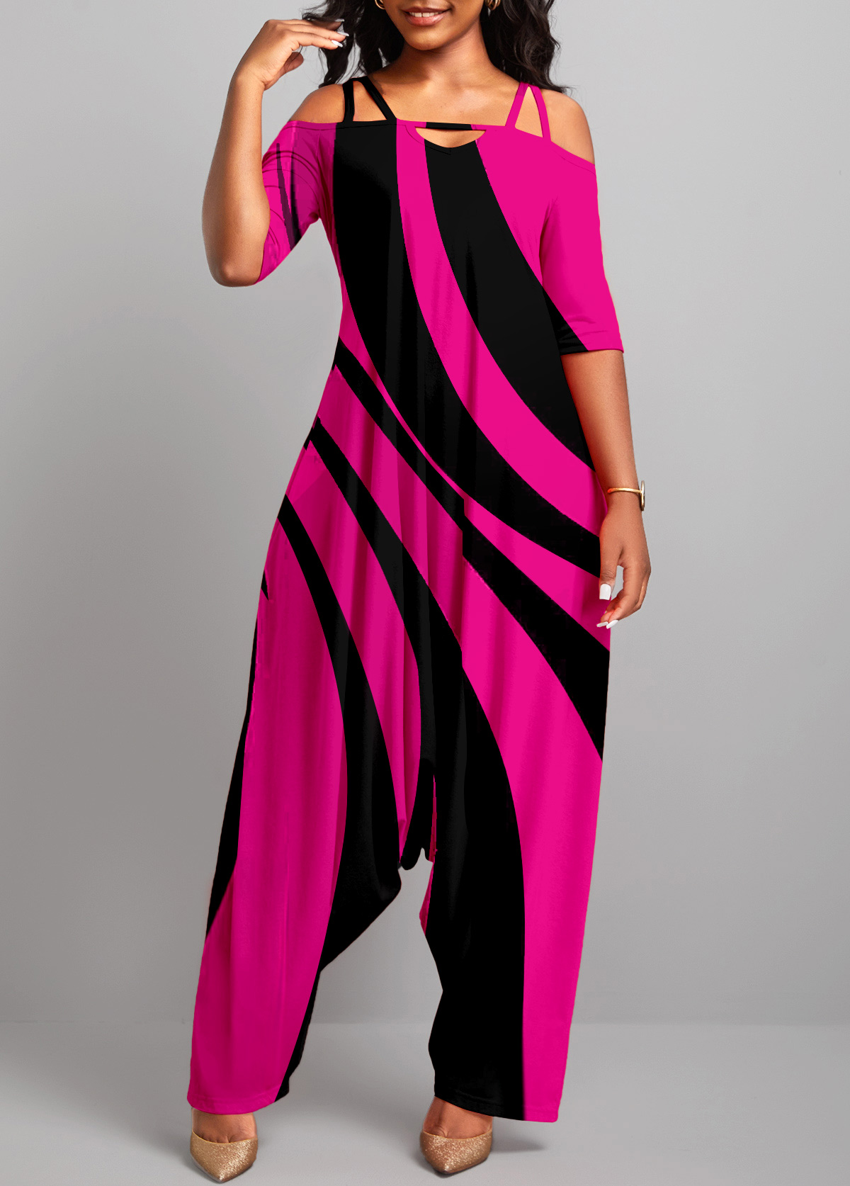 Hot Pink jumpsuits & rompers,Striped jumpsuits & rompers,ROTITA Striped Hot Pink Wide Leg Jumpsuit