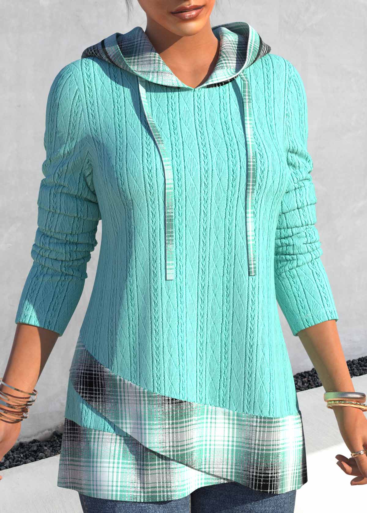 Green tops,Plaid tops,ROTITA Cross Hem Tartan Print Green Hoodie