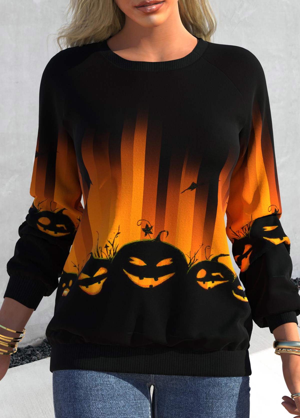 ROTITA Halloween Print Black Round Neck Long Sleeve Sweatshirt