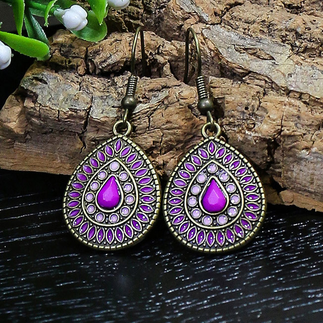 Boucles d'oreilles violettes Teardrop Retro Metal Detail