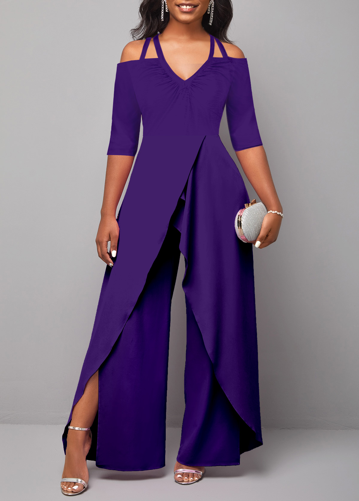 Purple jumpsuits & rompers,Plain Color jumpsuits & rompers,ROTITA Purple Ankle Length Wide Leg Jumpsuit