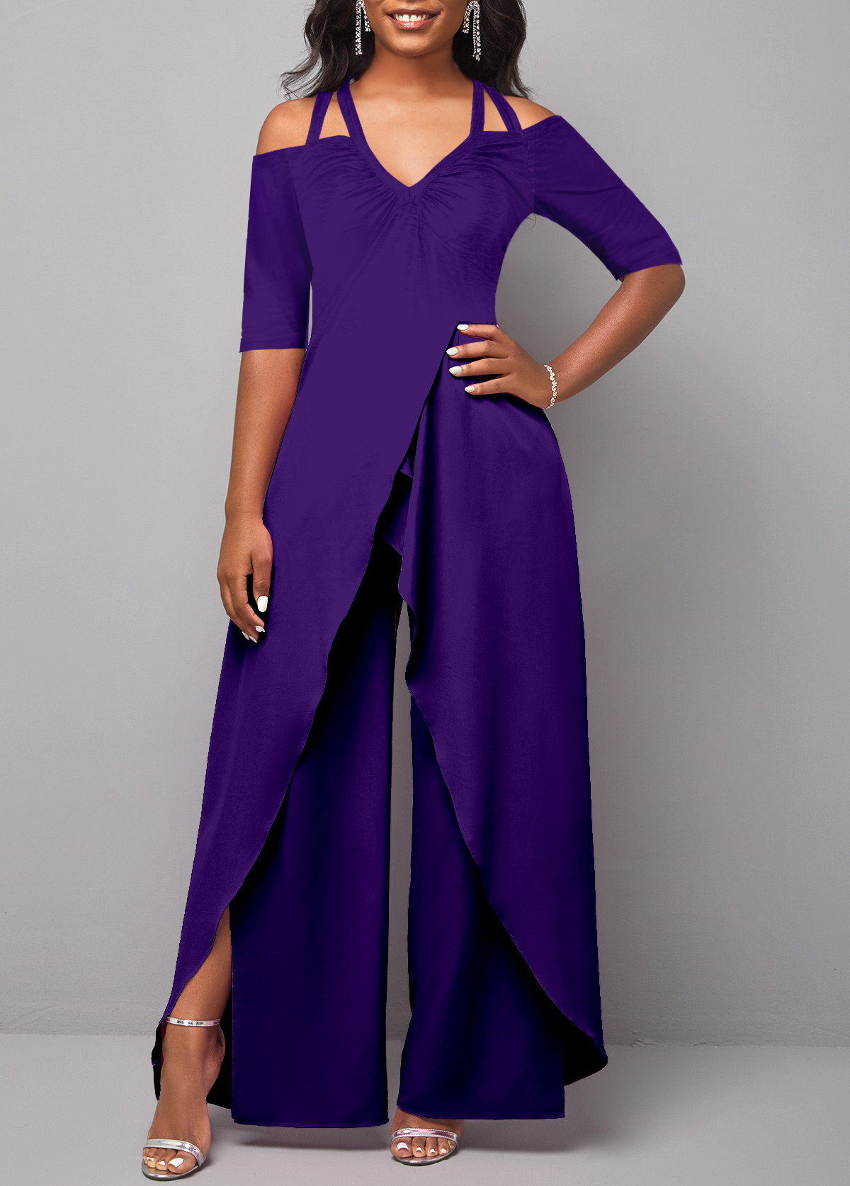 Purple jumpsuits & rompers,Plain Color jumpsuits & rompers,ROTITA Purple Ankle Length Wide Leg Jumpsuit