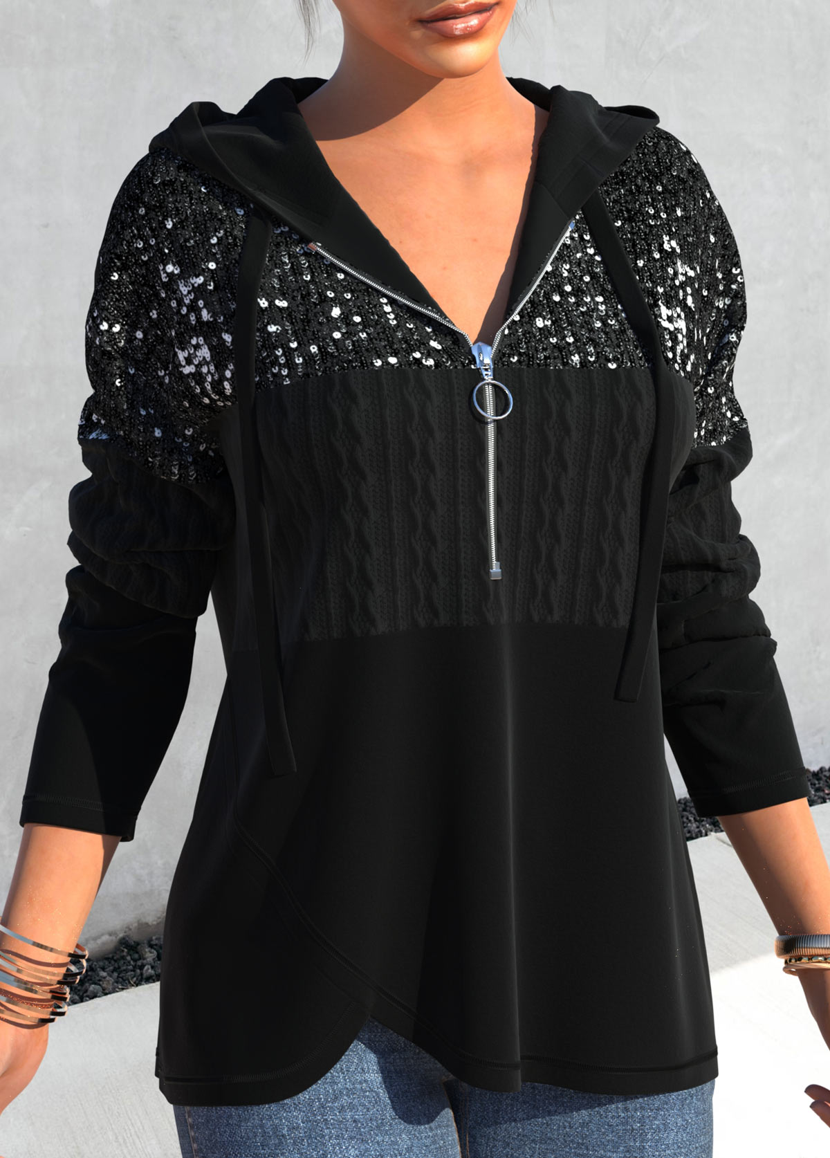 Black tops,Plain Color tops,ROTITA Asymmetric Hem Black Sequin Long Sleeve Hoodie