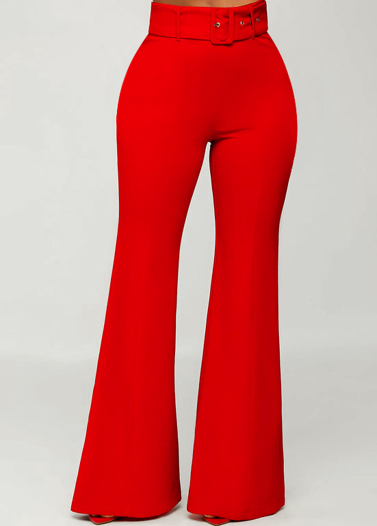 ROTITA Breathable Red Belted Flare Leg Zipper Fly Pants