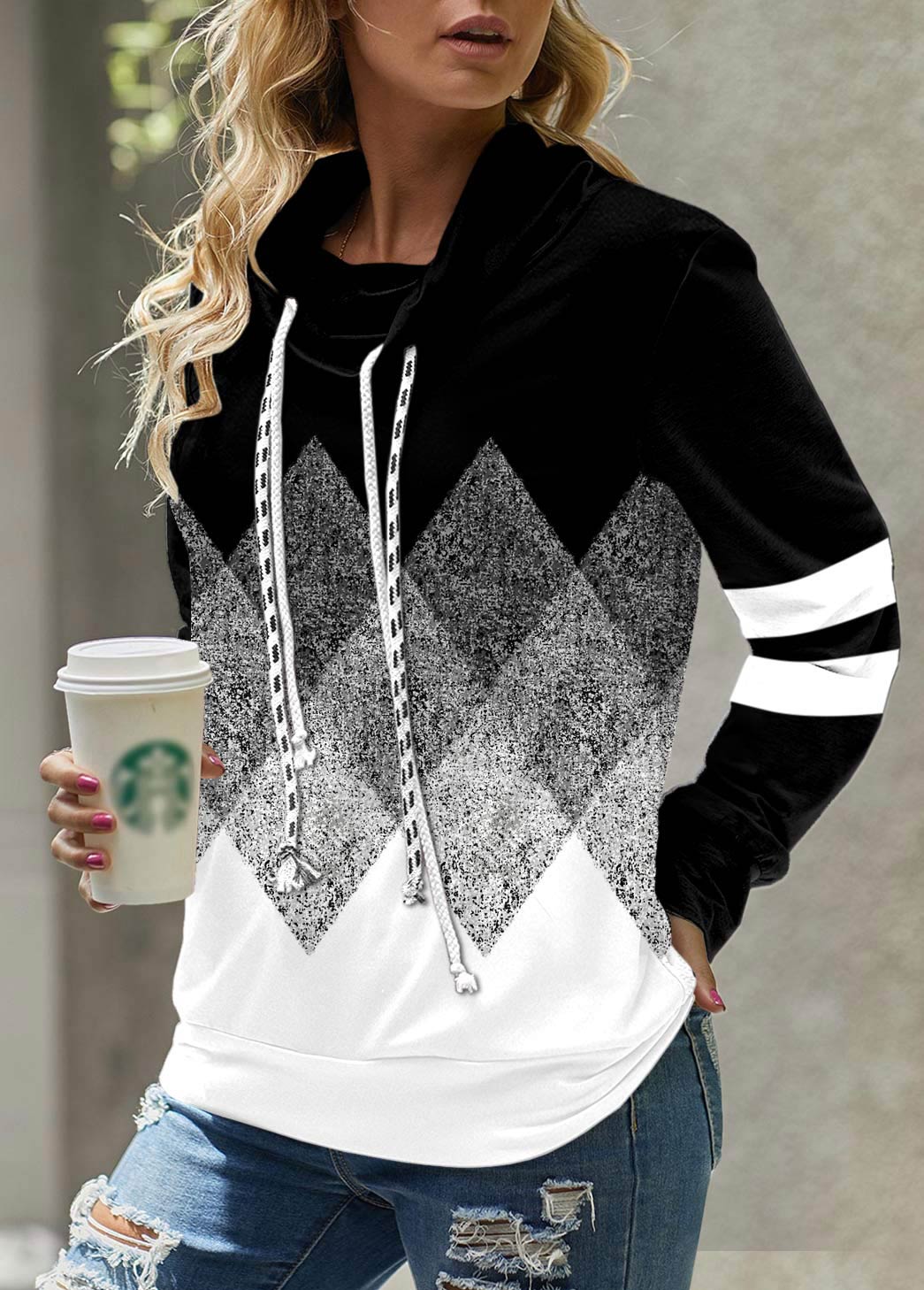 Black tops,Geometric tops,ROTITA Geometric Print Black Cowl Neck Long Sleeve Sweatshirt