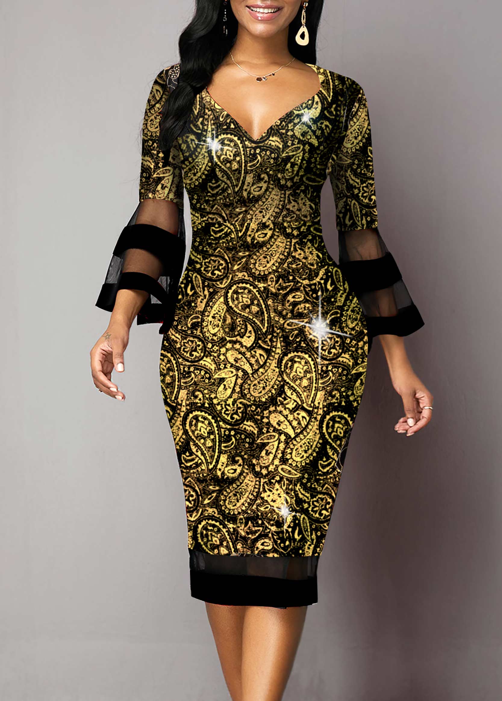 ROTITA 3/4 Sleeve Golden Paisley Print Dress