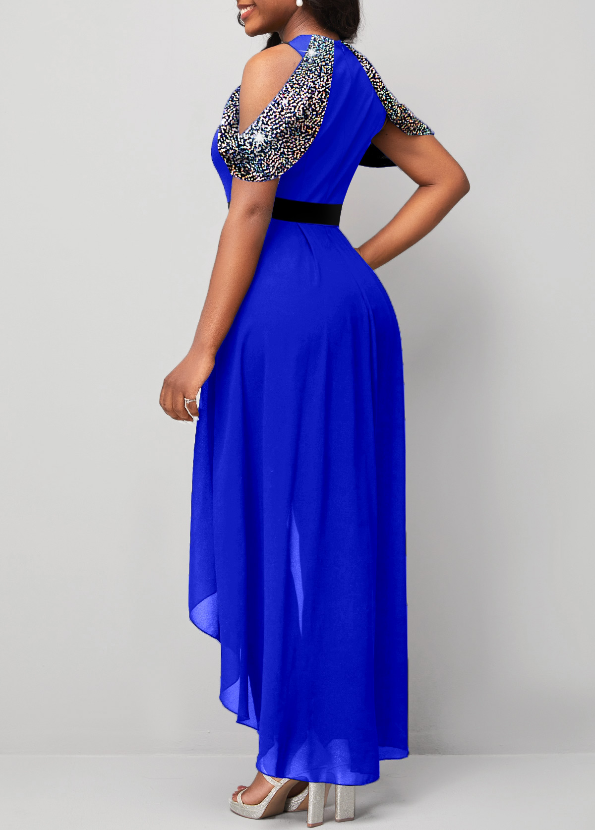Royal Blue jumpsuits&rompers,Plain Color jumpsuits&rompers,ROTITA Hot Stamping Sapphire Blue Cold Shoulder Skinny Jumpsuit